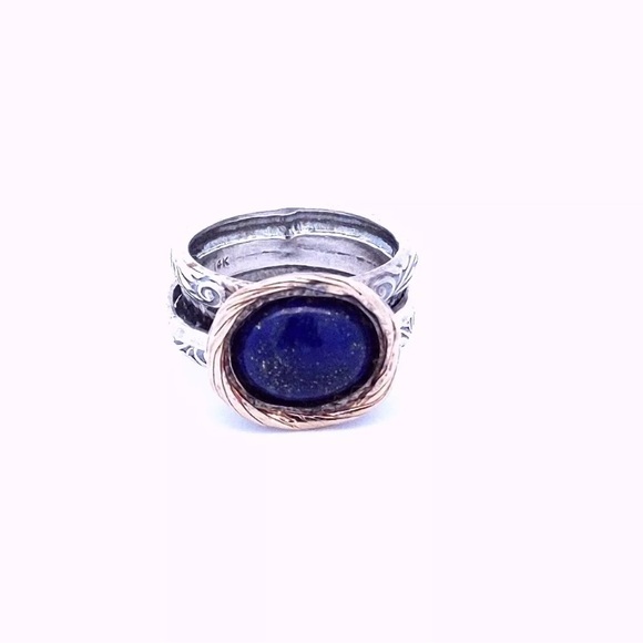 Estate 14K Yellow Gold Sterling Silver Nested Lapis Lazuli Spinner Carved Ring